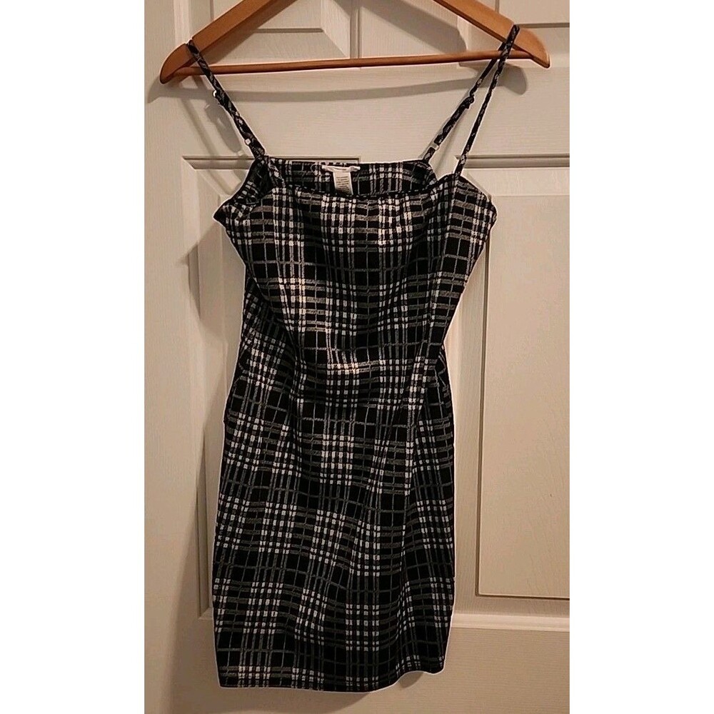 Full Tilt Black Plaid Mini Med Slip Dress Adjustable Straps Flannel Snug Bodycon